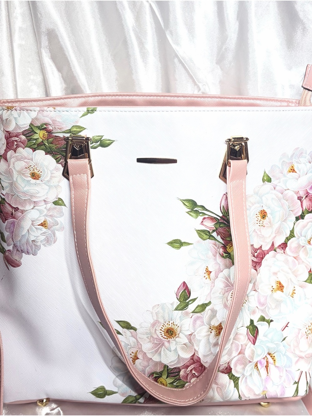 Floral Pink Tote Bag with Gold Hardware